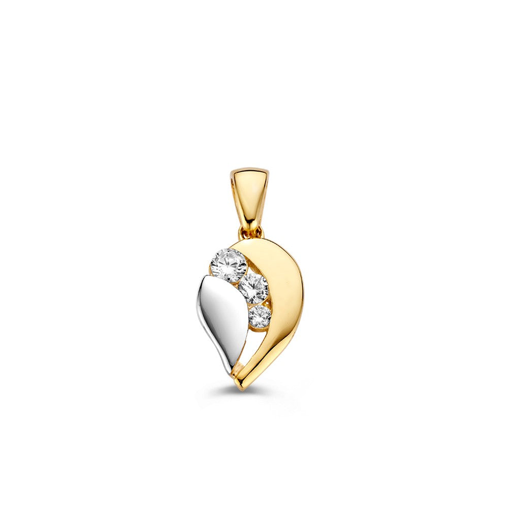 De Excellent Jewelry Bicolor Gouden Druppelhanger met Zirkonia heeft een gebogen, bladachtig ontwerp met drie sprankelende zirkonia's langs de curve, prachtig weergegeven op een witte achtergrond.