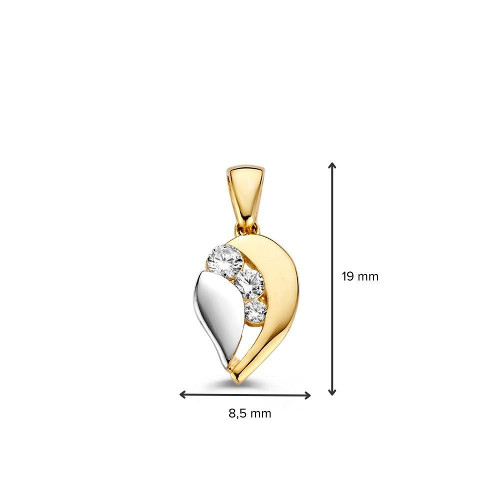 De "Bicolor Gouden Druppelhanger met Zirkonia" van Excellent Jewelry, uitgevoerd in wit- en geelgoud met drie ronde zirkonia's, is 19 mm hoog en 8,5 mm breed. Afgebeeld tegen een witte achtergrond met aanduiding van de afmetingen.