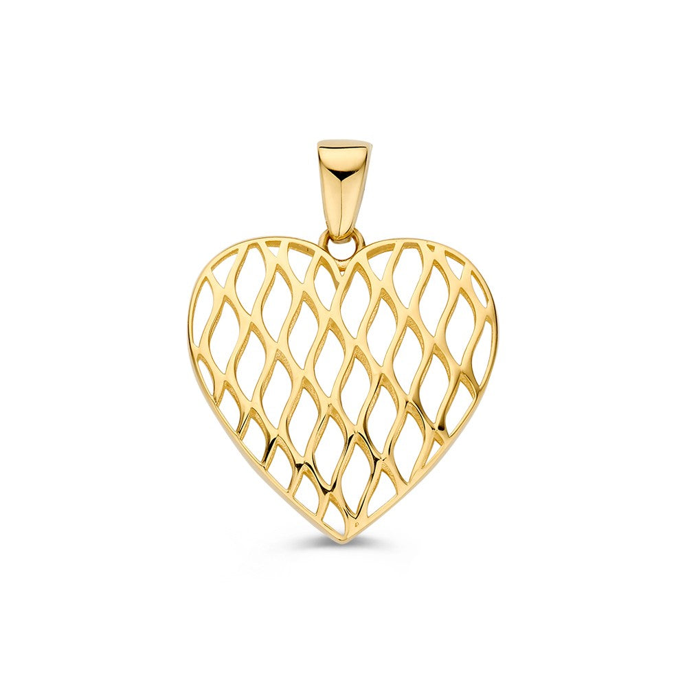 Geelgouden hanger in hartvorm met een opengewerkt, gevlochten patroon.