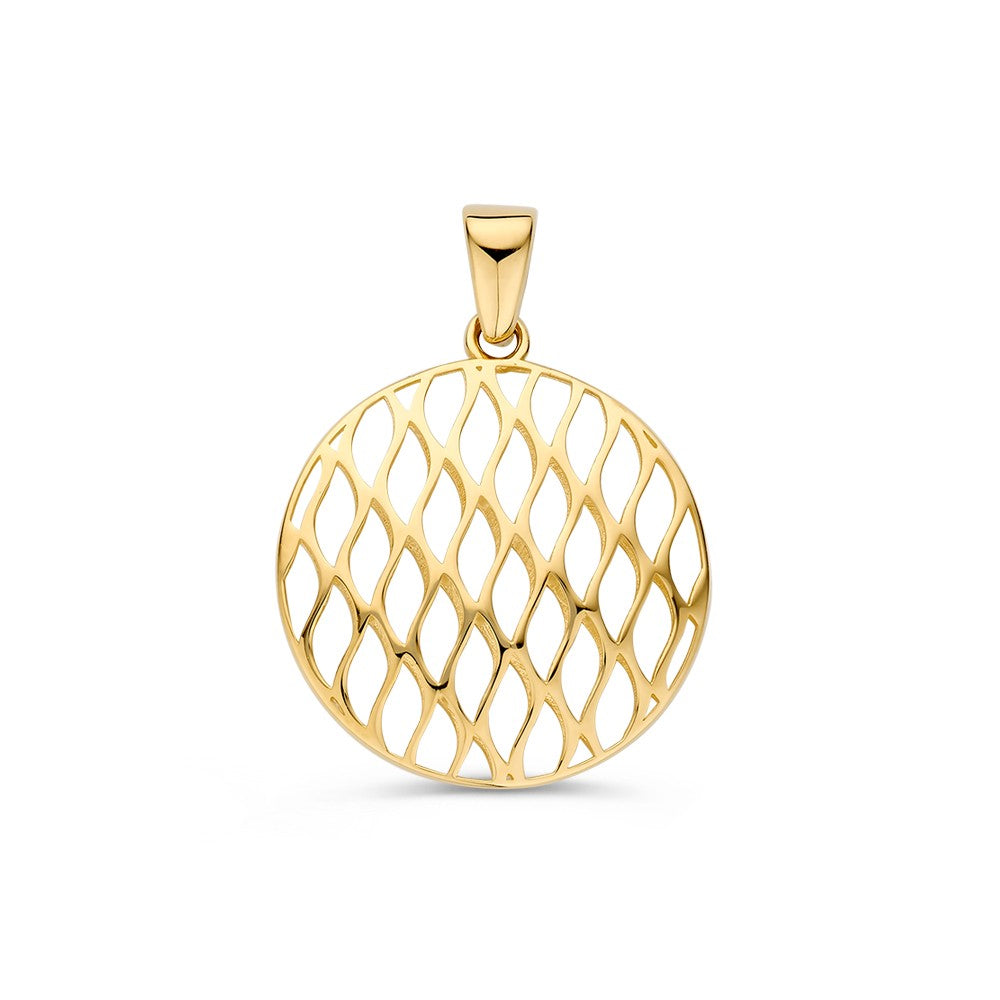 Geelgouden hanger met een opengewerkt, golvend patroon in een ronde vorm.
