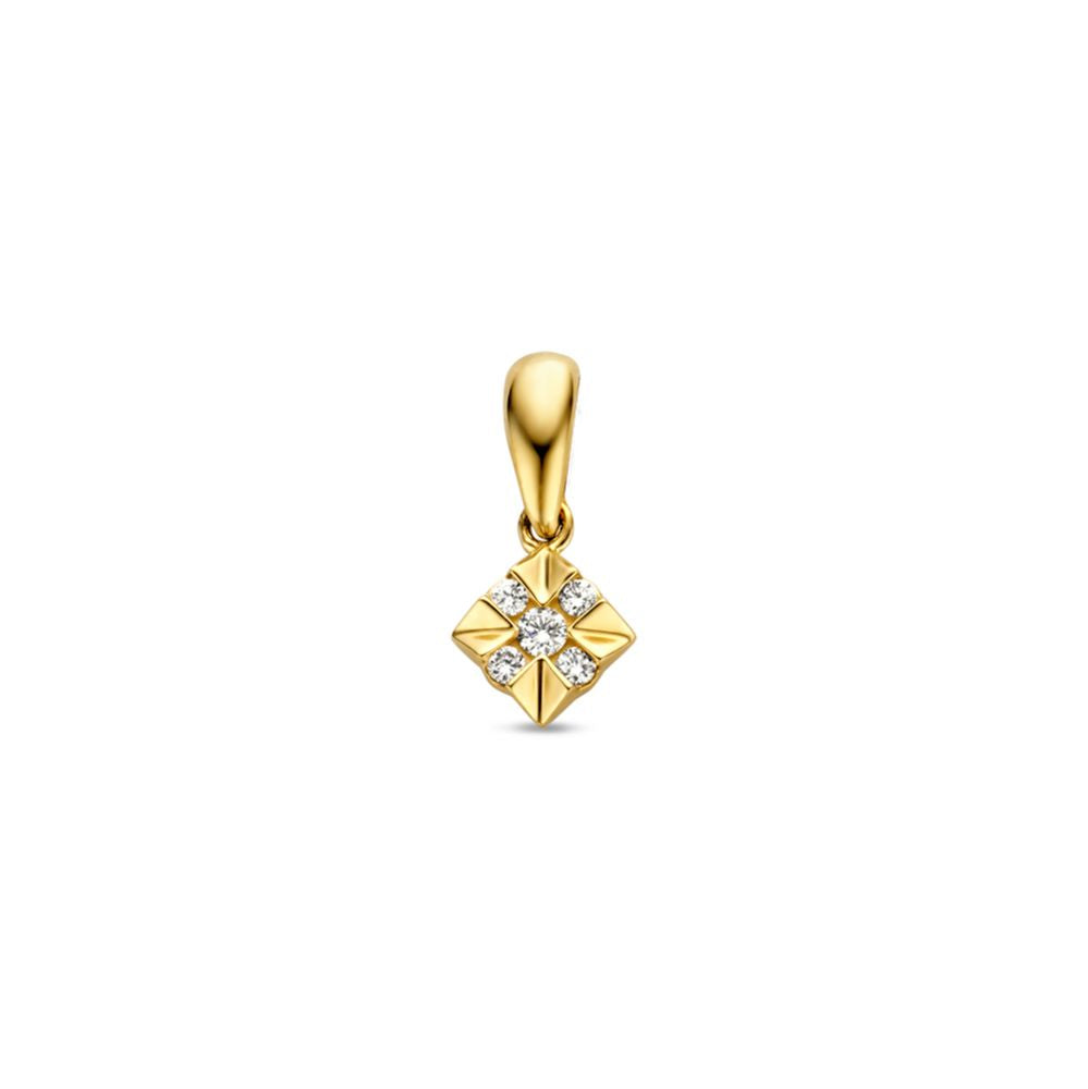 Geelgouden hanger in een vierkante vorm met vijf kleine diamanten in een subtiele opstelling.