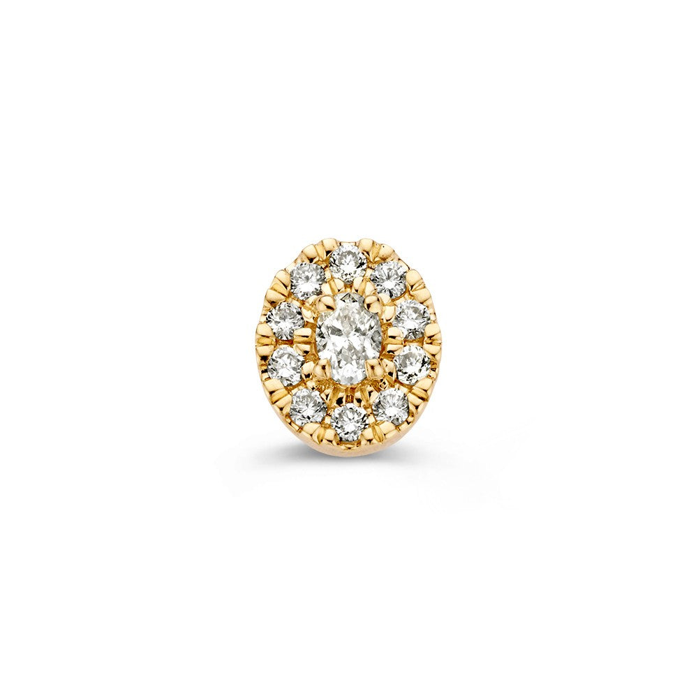 14k geelgouden entourage hanger met een ovale diamant van 0,21 ct en briljante diamanten eromheen.