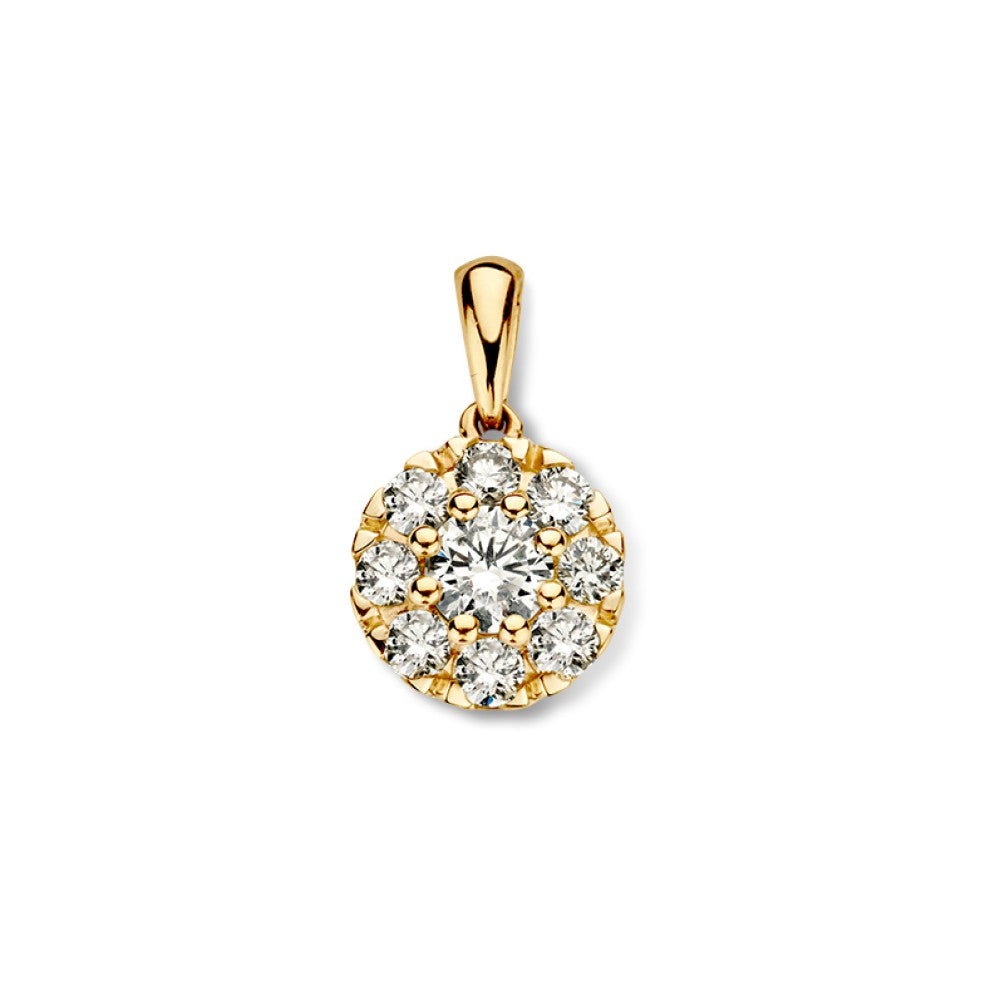 Geelgouden entourage hanger met een ronde opstelling van diamanten, totaal 0,40 ct.