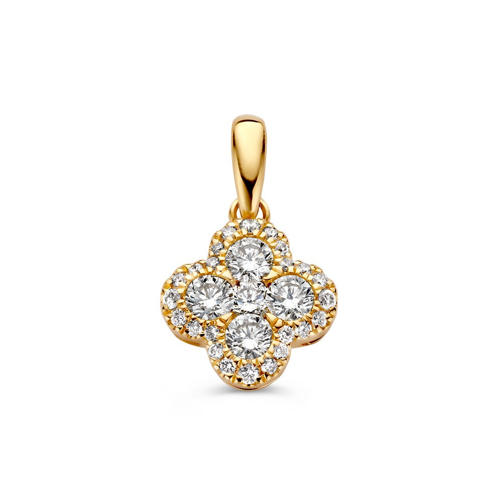 Geel gouden hanger in bloemvorm met 0,48 crt diamanten, bezet met meerdere kleine steentjes.