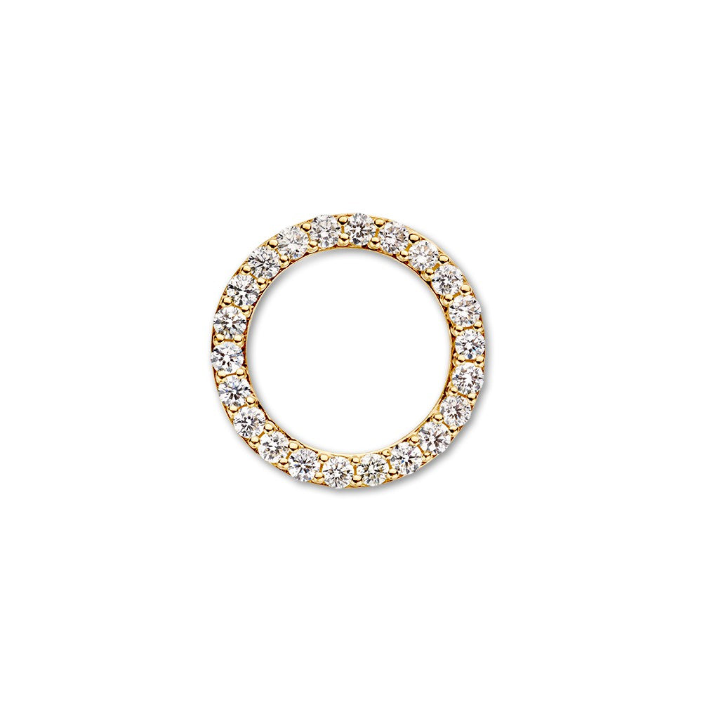 Geelgouden ronde hanger bezet met 0,74 ct fonkelende diamanten en verborgen oogjes.