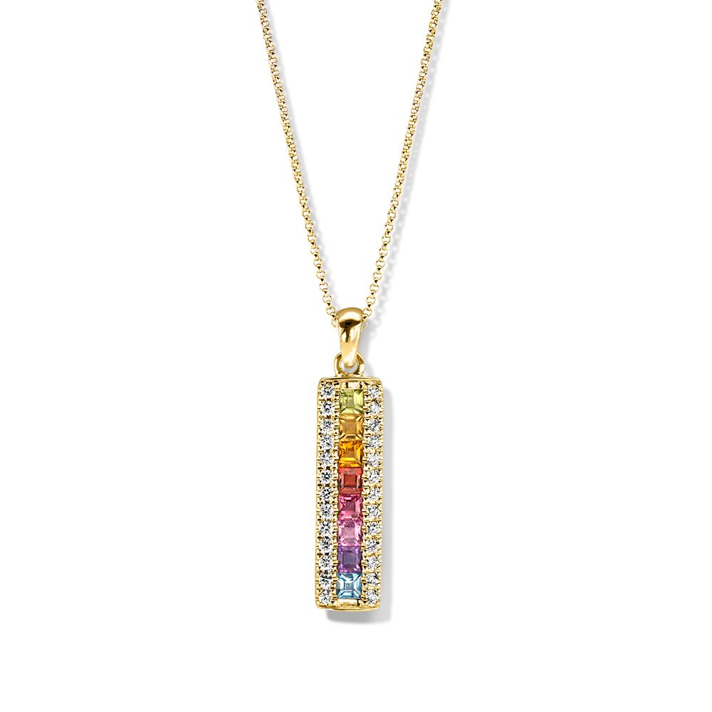 Geelgouden hanger met een rechthoekige vorm, versierd met kleurrijke stenen en diamanten.
