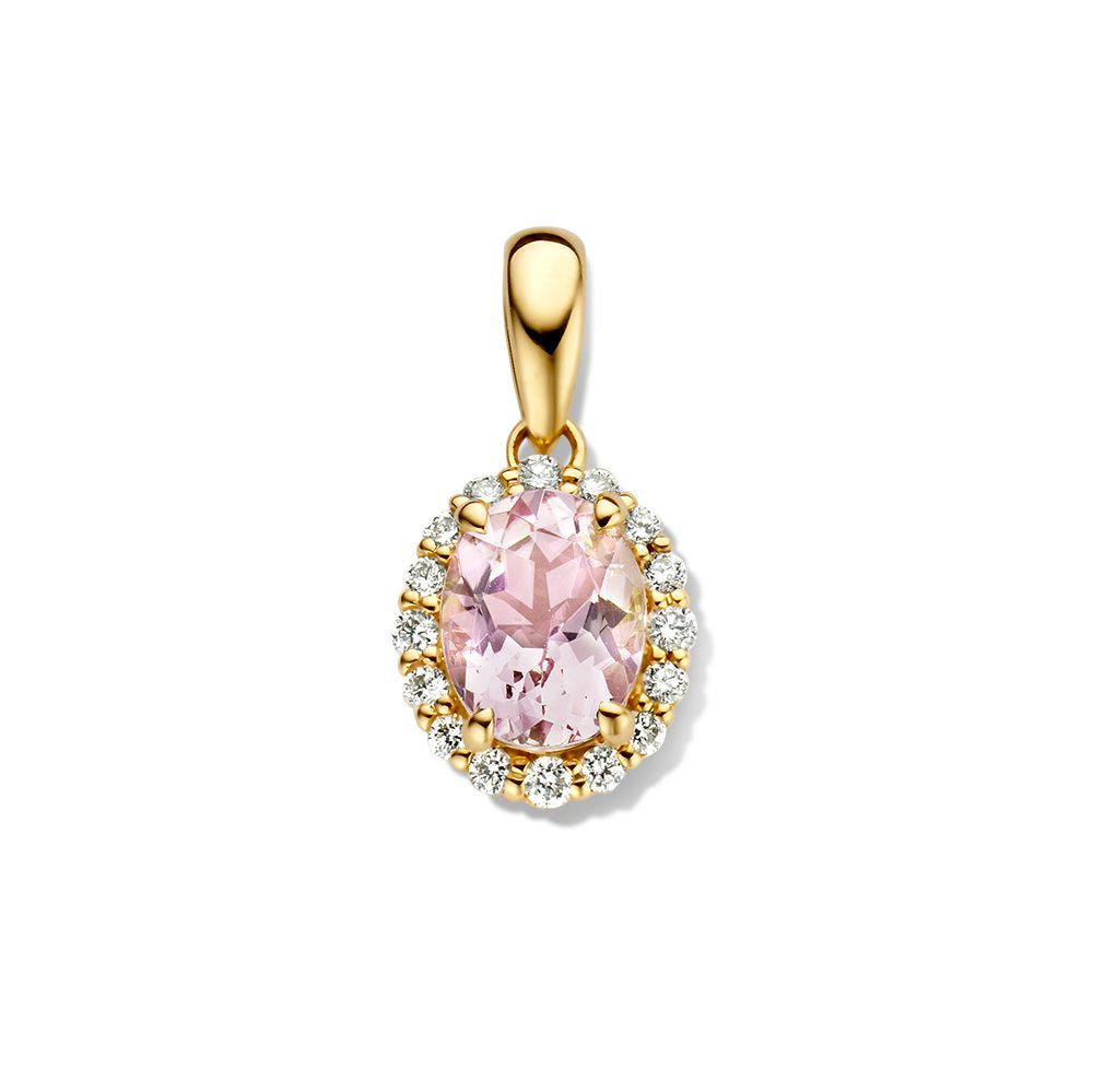 De Hanger geelgoud morganiet+briljant van Excellent Jewelry schittert met een ovaalvormige morganiet, omringd door een halo van briljanten, tegen een egale witte achtergrond.