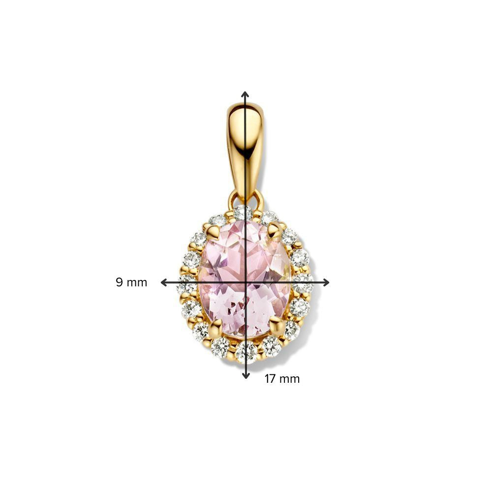 De Hanger geelgoud morganiet+briljant van Excellent Jewelry is 17 mm breed en 9 mm hoog en heeft een ovale morganiet, omringd door briljanten. Afmetingen zijn zichtbaar op de afbeelding.