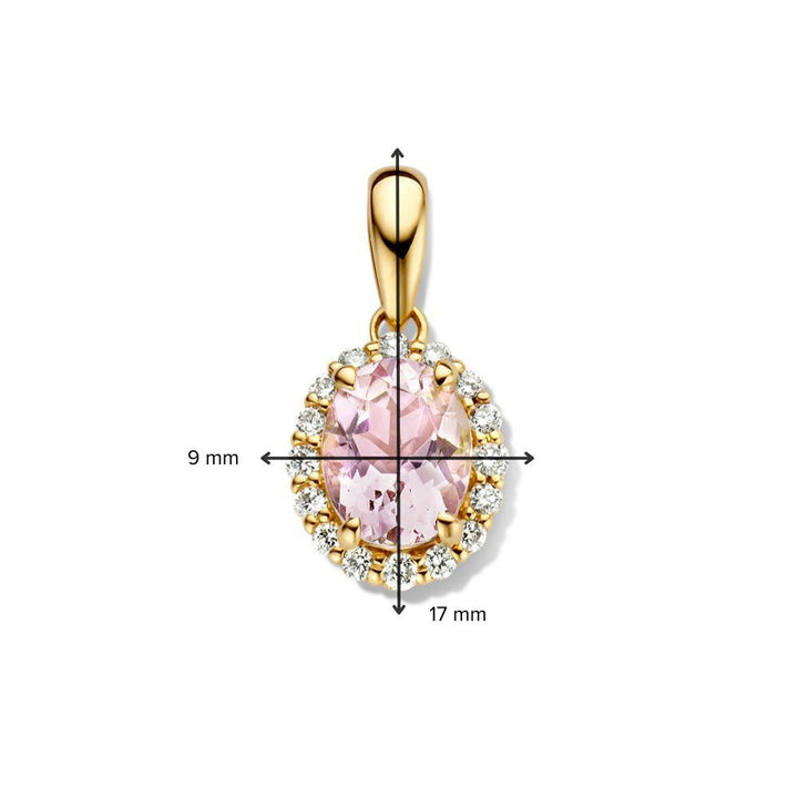 De Hanger geelgoud morganiet+briljant van Excellent Jewelry is 17 mm breed en 9 mm hoog en heeft een ovale morganiet, omringd door briljanten. Afmetingen zijn zichtbaar op de afbeelding.