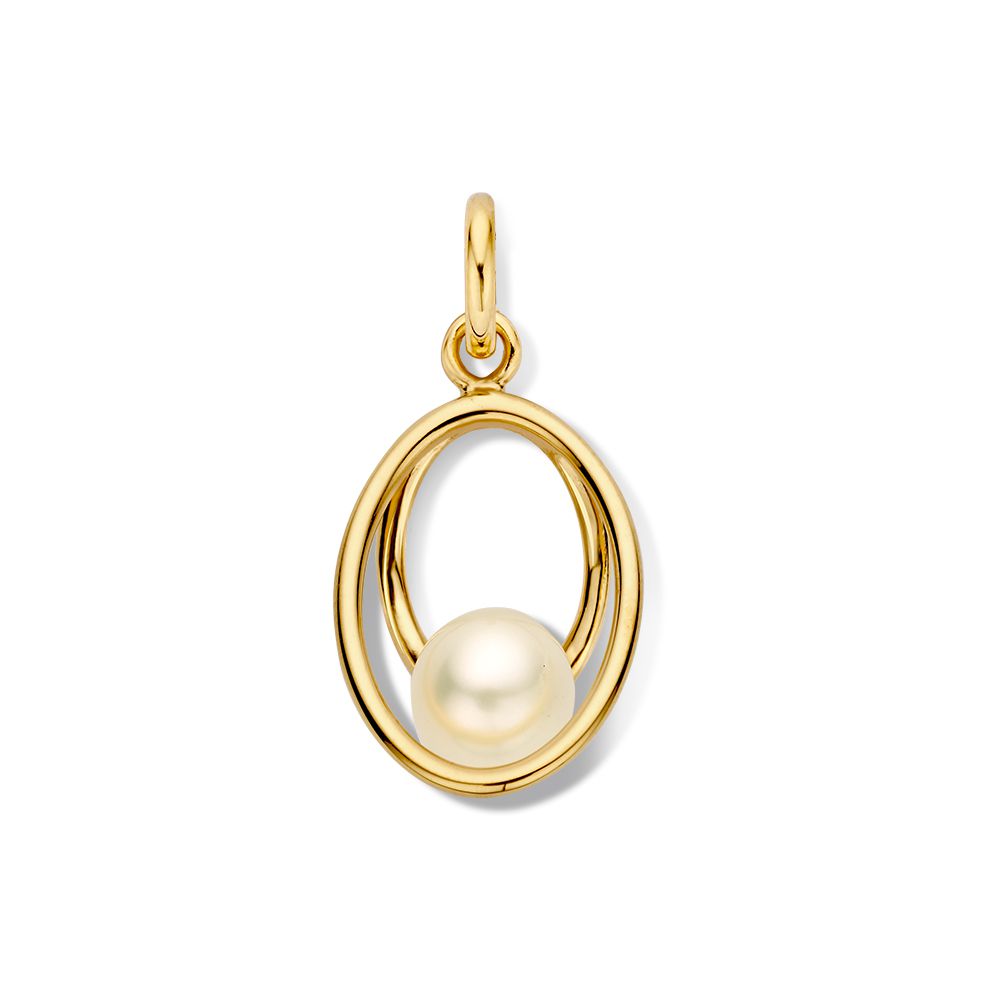 Geelgouden hanger met een ronde zoetwaterparel in een ovale omlijsting.