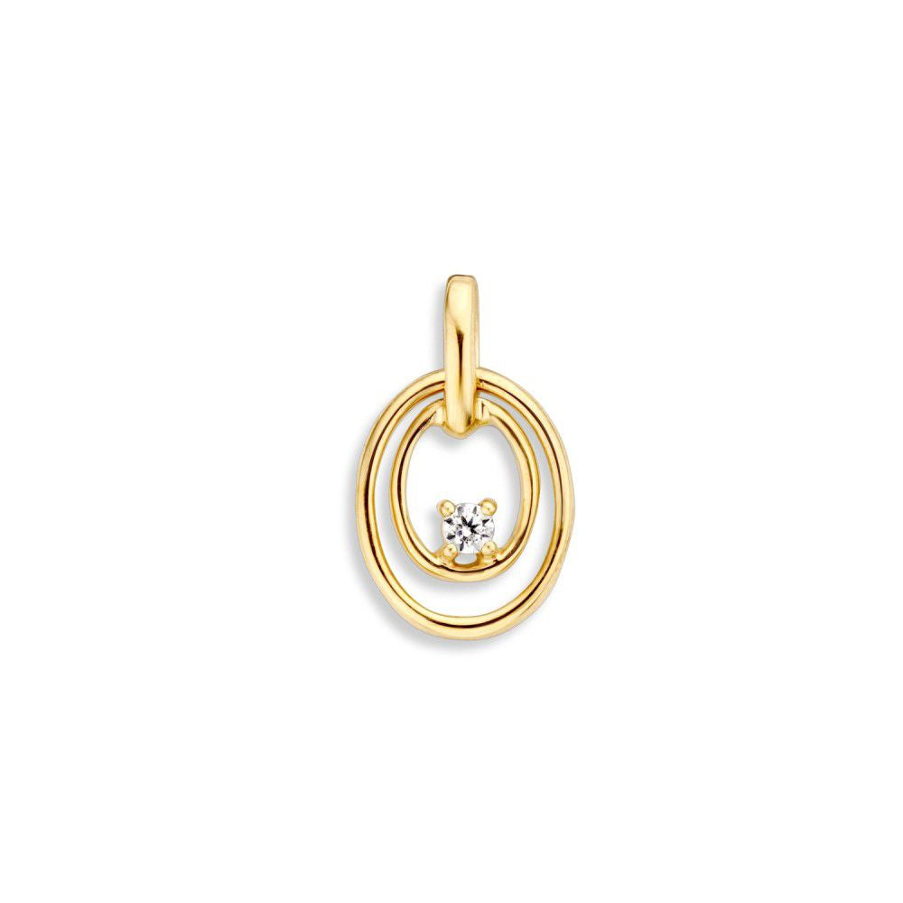 Gouden hanger met dubbele ovale ring en een heldere zirkonia in het midden.