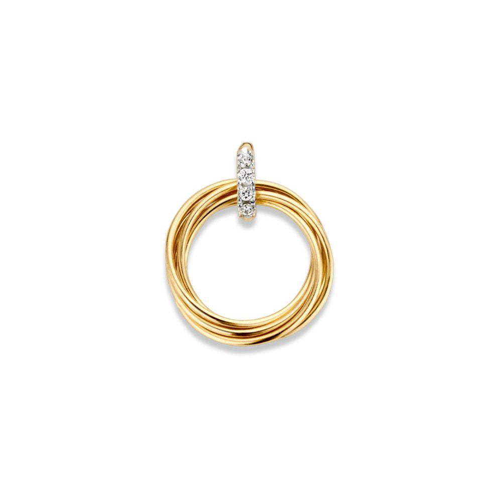Bicolor gouden hanger met bewegende rondjes, versierd met zirkonia, 14 mm groot.