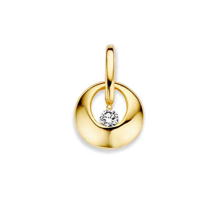 De Geelgouden hanger met zirkonia van Excellent Jewelry, 14 karaat (1,1 gram, 10 mm), is stijlvol afgewerkt met een centrale zirkonia en elegante gouden bail, prachtig gepresenteerd op een witte achtergrond.