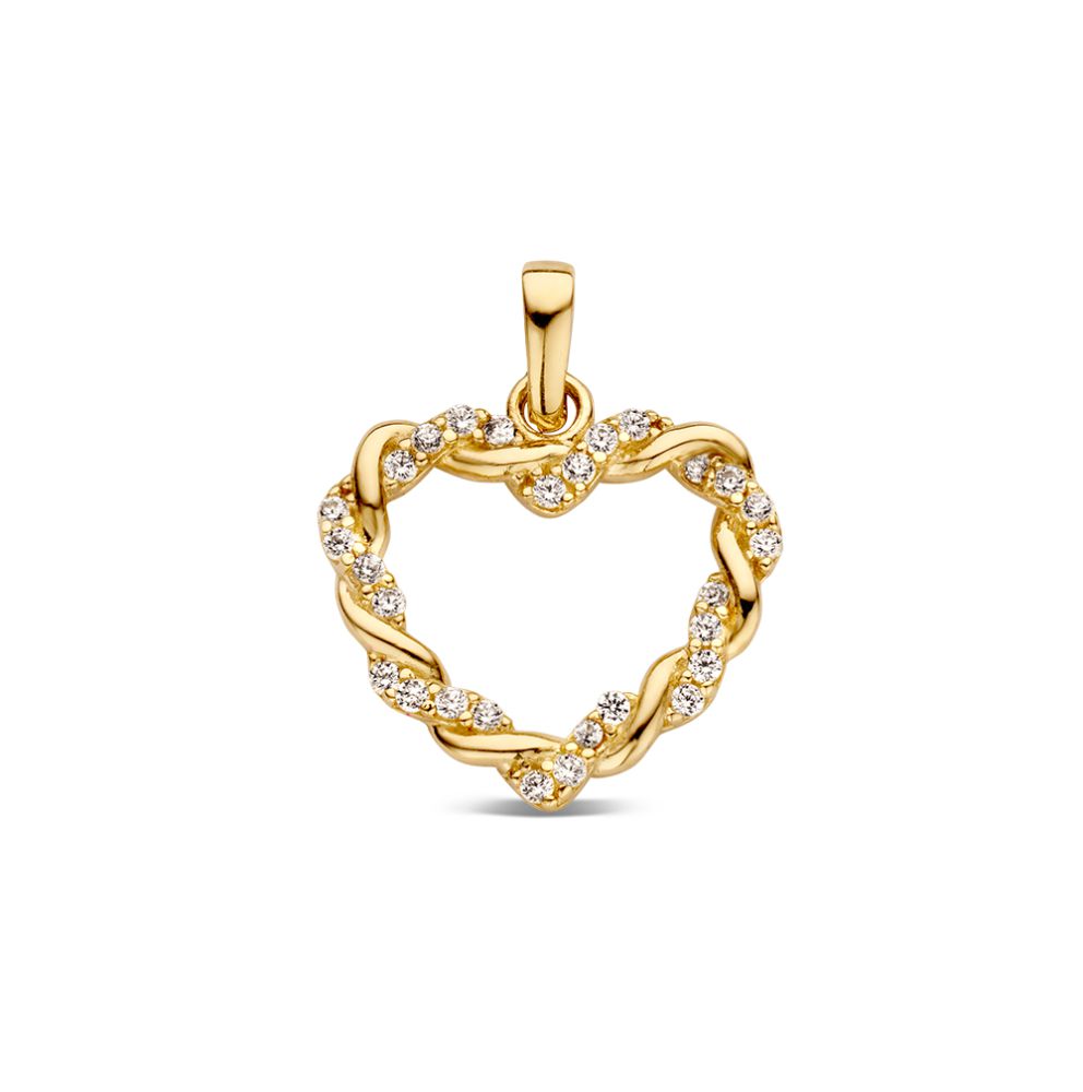 Geelgouden hartvormige hanger met gedraaide band en zirkonia-steentjes.