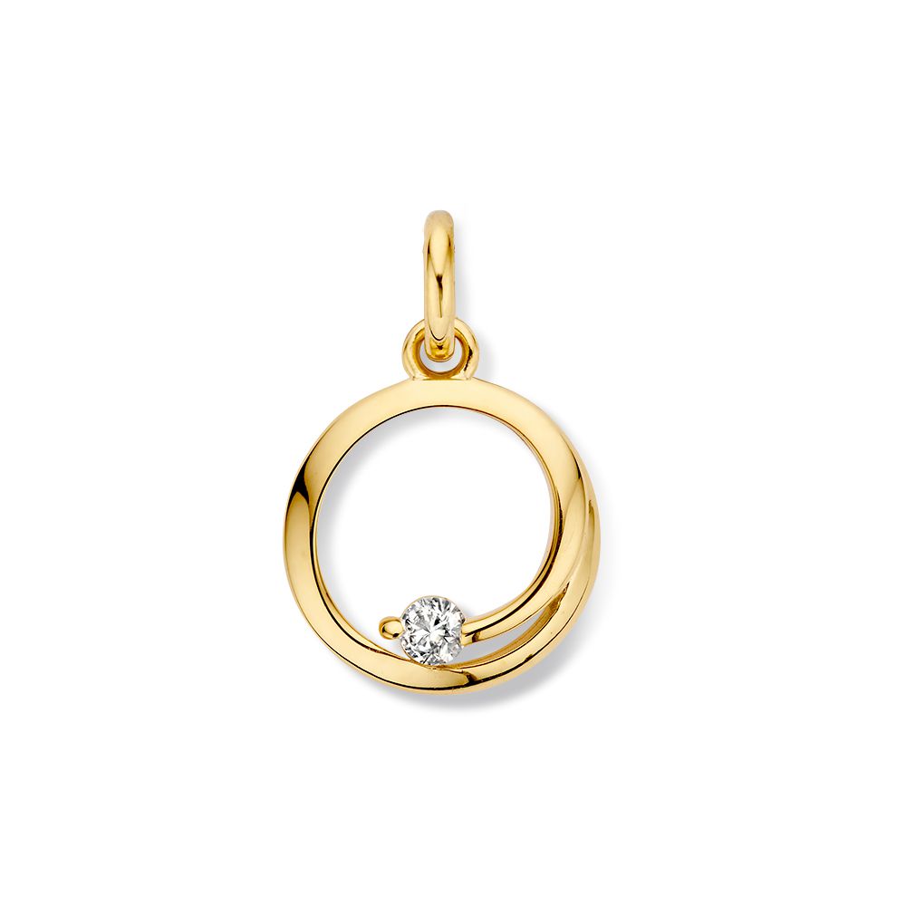 Geelgouden hanger met een ronde vorm en een zirkonia-steentje in het midden, 18 mm x 13 mm.