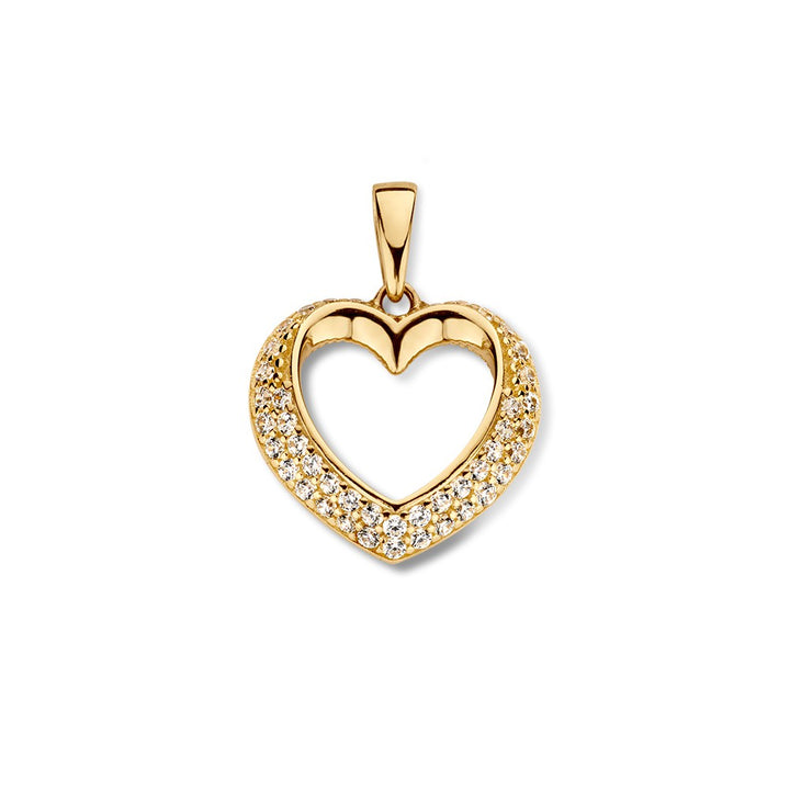 De Gouden harthanger met bol design van Excellent Jewelry is gemaakt van 14 karaat goud, weegt 1,0 gram, is 14 mm groot en is gezet met fonkelende zirkonia's.