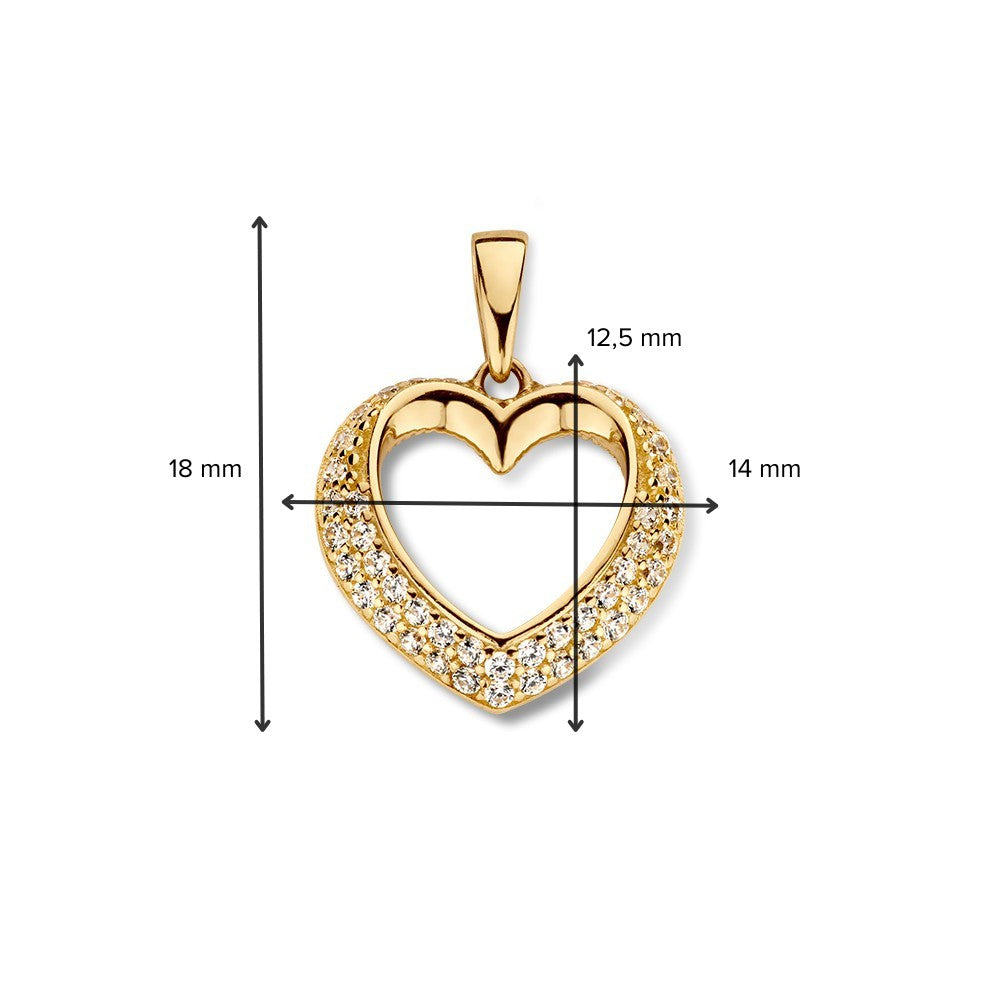De Gouden harthanger met bol design van Excellent Jewelry is gemaakt van 14 karaat goud, gezet met zirkonia's, weegt 1,0 gram en is 14 mm groot.