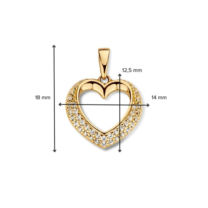 De Gouden harthanger met bol design van Excellent Jewelry is gemaakt van 14 karaat goud, gezet met zirkonia's, weegt 1,0 gram en is 14 mm groot.