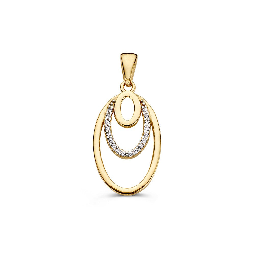 Deze geelgouden hanger van Excellent Jewelry heeft drie ovalen, waarvan één is bezet met zirkonia. Gemaakt van 14 karaat goud, 1,3 gram en meet 26 x 12 mm. De gladde bail maakt het sieraad stijlvol en modern.