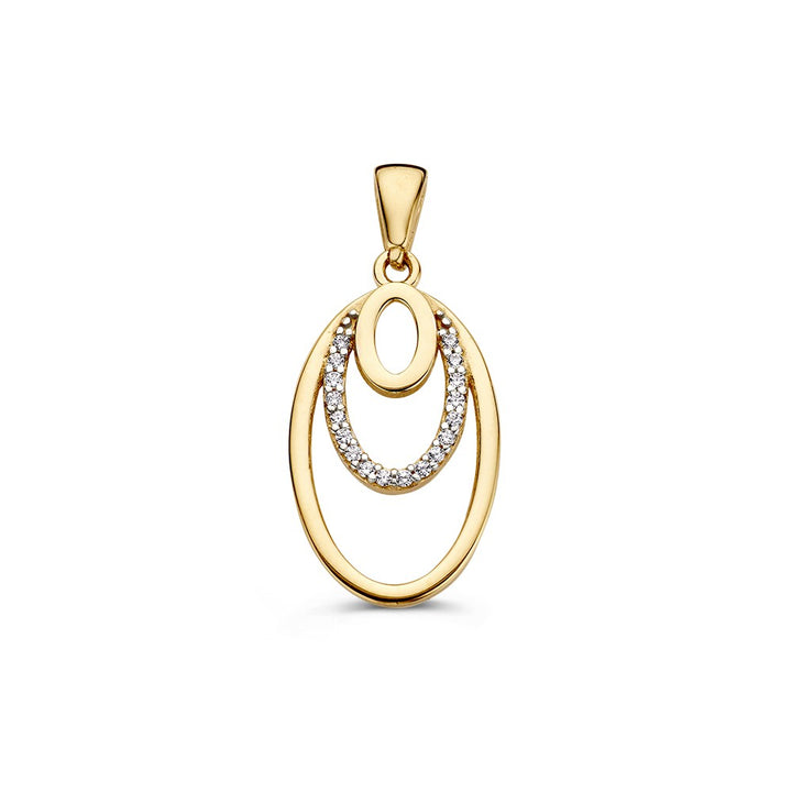 Deze geelgouden hanger van Excellent Jewelry heeft drie ovalen, waarvan één is bezet met zirkonia. Gemaakt van 14 karaat goud, 1,3 gram en meet 26 x 12 mm. De gladde bail maakt het sieraad stijlvol en modern.