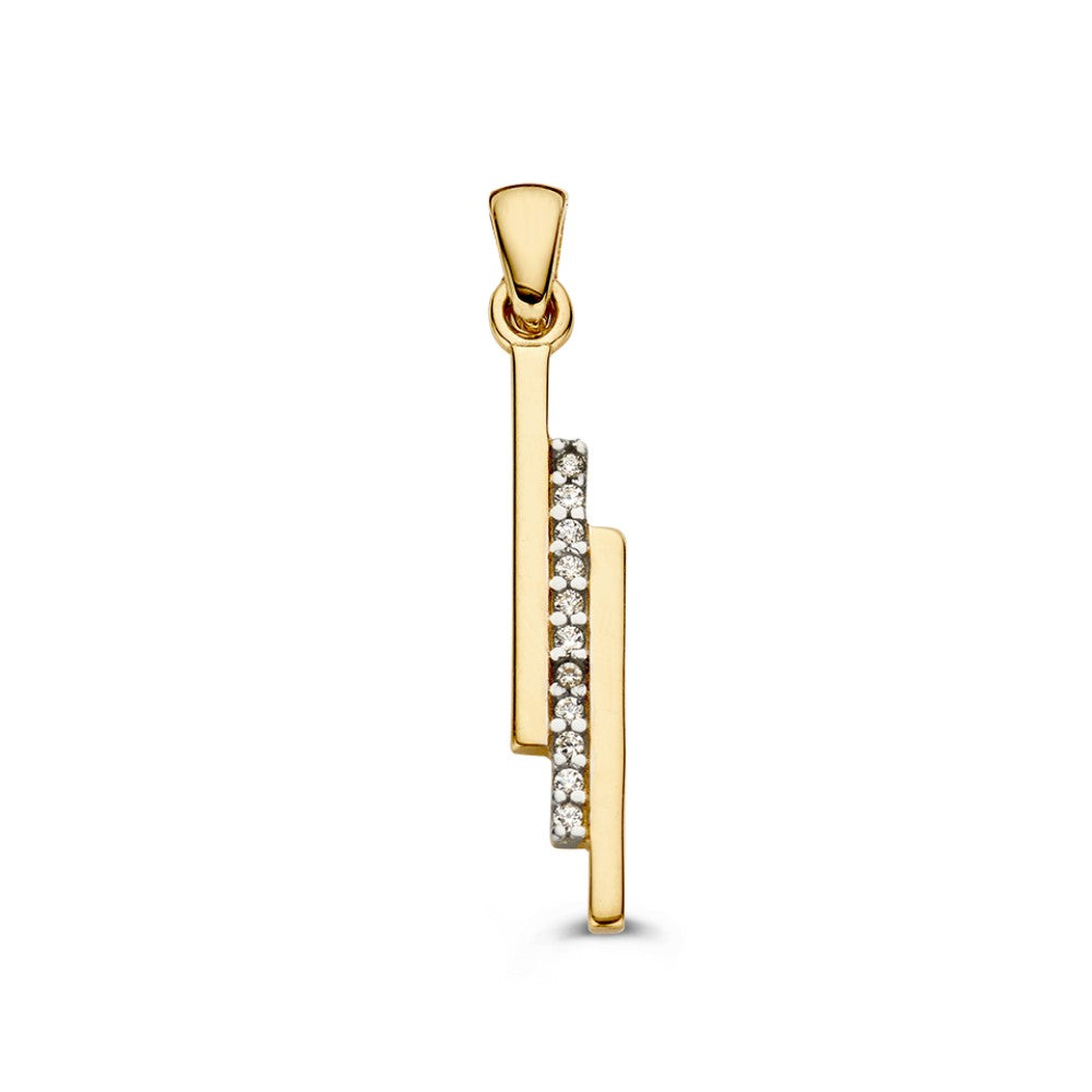 Geelgouden hanger met strak design, versierd met zirkonia's, 30 mm lang.