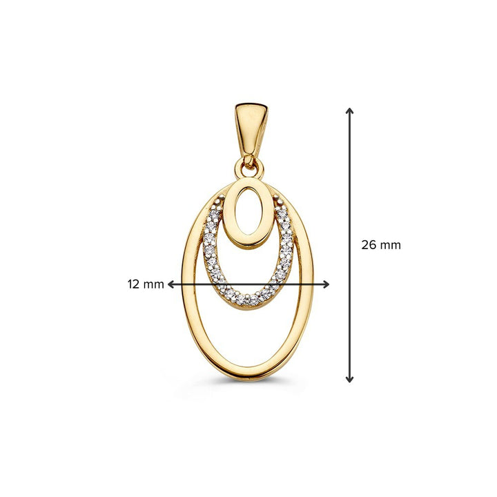 Geelgouden hanger van Excellent Jewelry met drie ovale lussen, waarvan één bezet met zirkonia. Gemaakt van 14 karaat goud (1,3 g), afmetingen 26 x 12 mm, weergegeven op een witte achtergrond met meetlijnen.