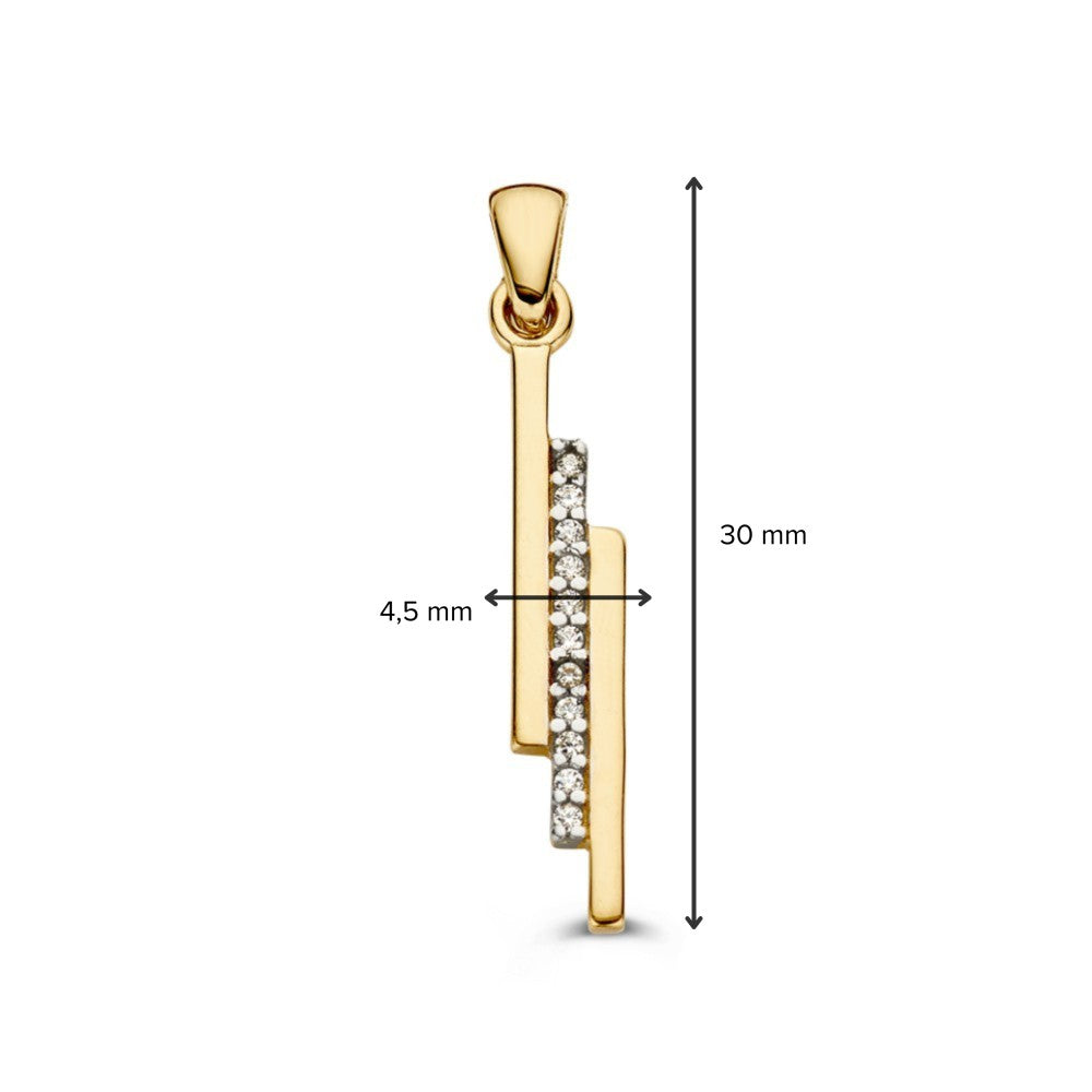 Geelgouden hanger in strak design gezet met zirkonia’s – 14 karaat, 1,2 gram, 30 mm