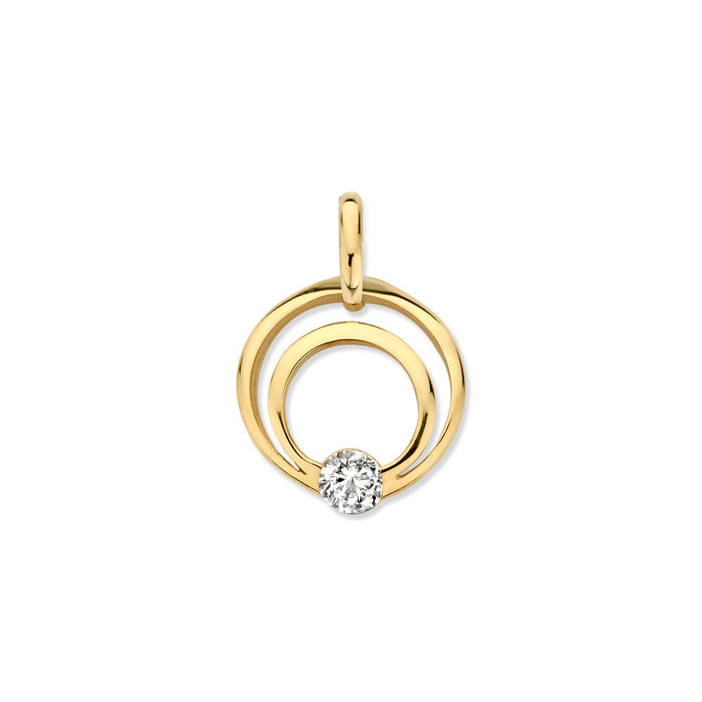 Geelgouden hanger met twee cirkels en een heldere zirkonia in het midden.