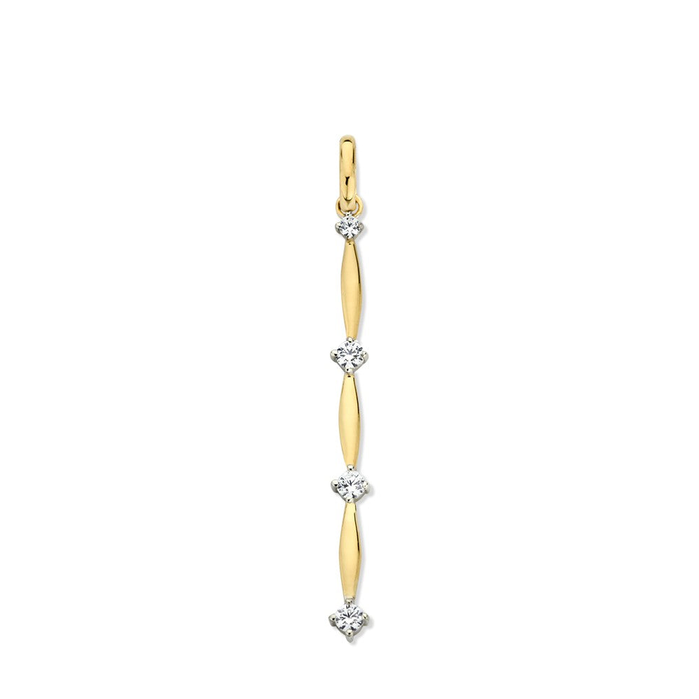 Geelgouden hanger met drie zirkonia's en een gestroomlijnde, verticale vorm.