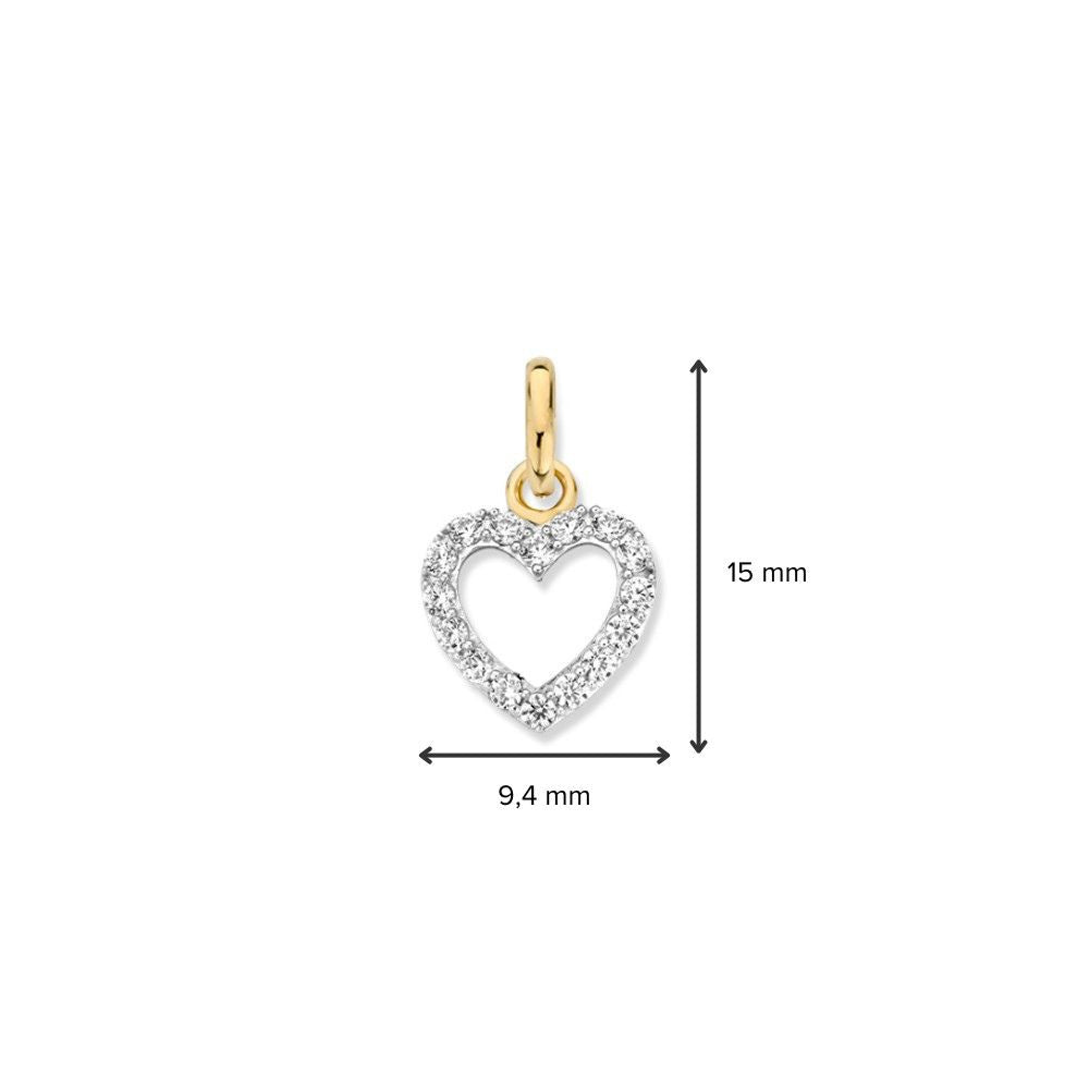 Bicolor wit- en geelgouden harthanger met zirkonia’s – 14 karaat, 0,5 gram, 10 mm
