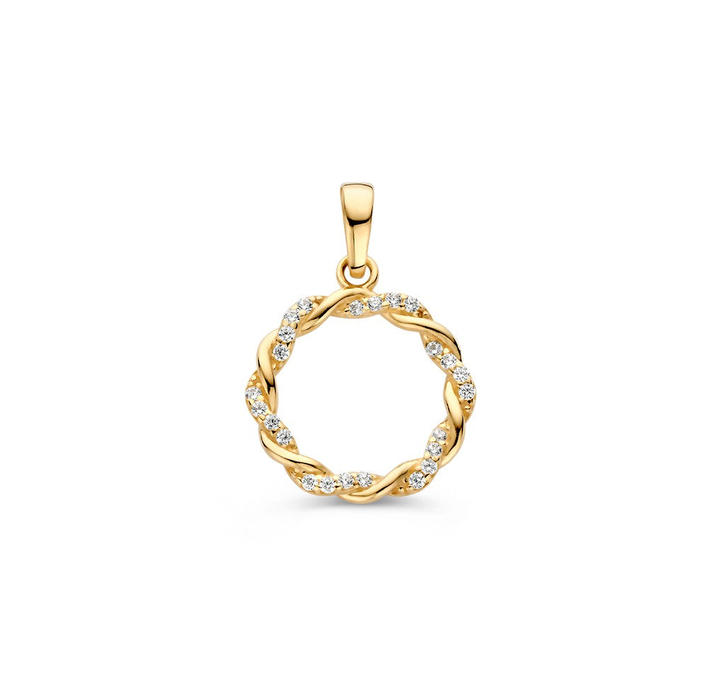Geelgouden hanger in cirkelvorm met gedraaide band en zirkonia-steentjes.