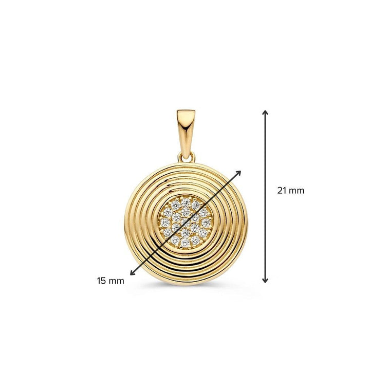 Ronde geelgouden hanger met bewerkte rand en hart van zirkonia’s – 14 karaat, 1,6 gram, 15 mm