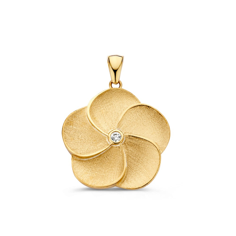 Gouden bloemhanger met een matte afwerking en een zirkonia in het midden.