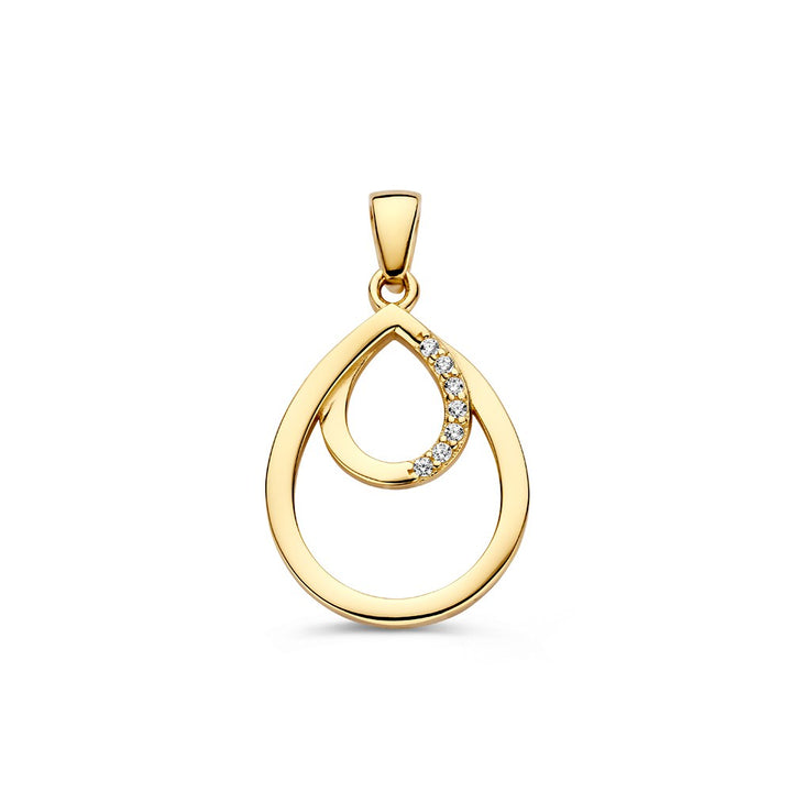 De Geelgouden Druppelvormige Hanger met Zirkonia van Excellent Jewelry heeft een open druppelvormig ontwerp met een kleinere druppel en een boog van sprankelende zirkonia voor een elegante luxe uitstraling.