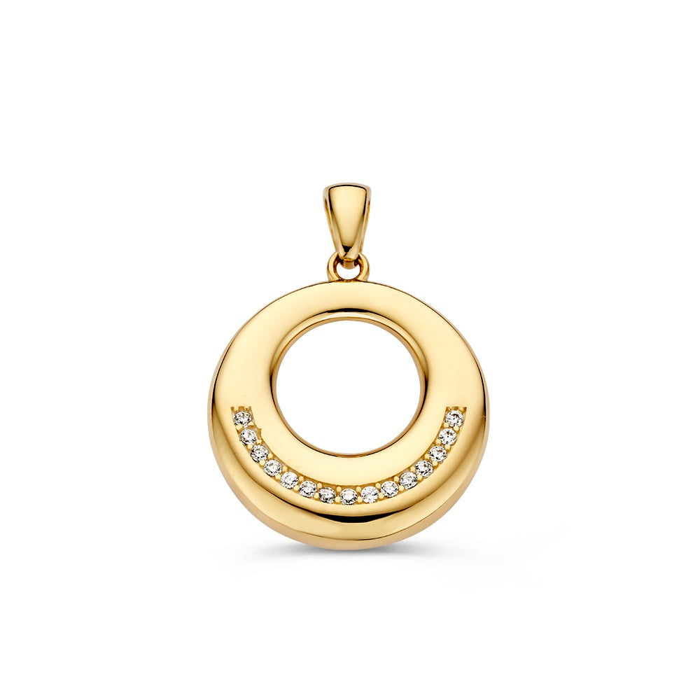 Ronde geelgouden hanger met een open midden en een rij zirkonia-steentjes aan de onderzijde.