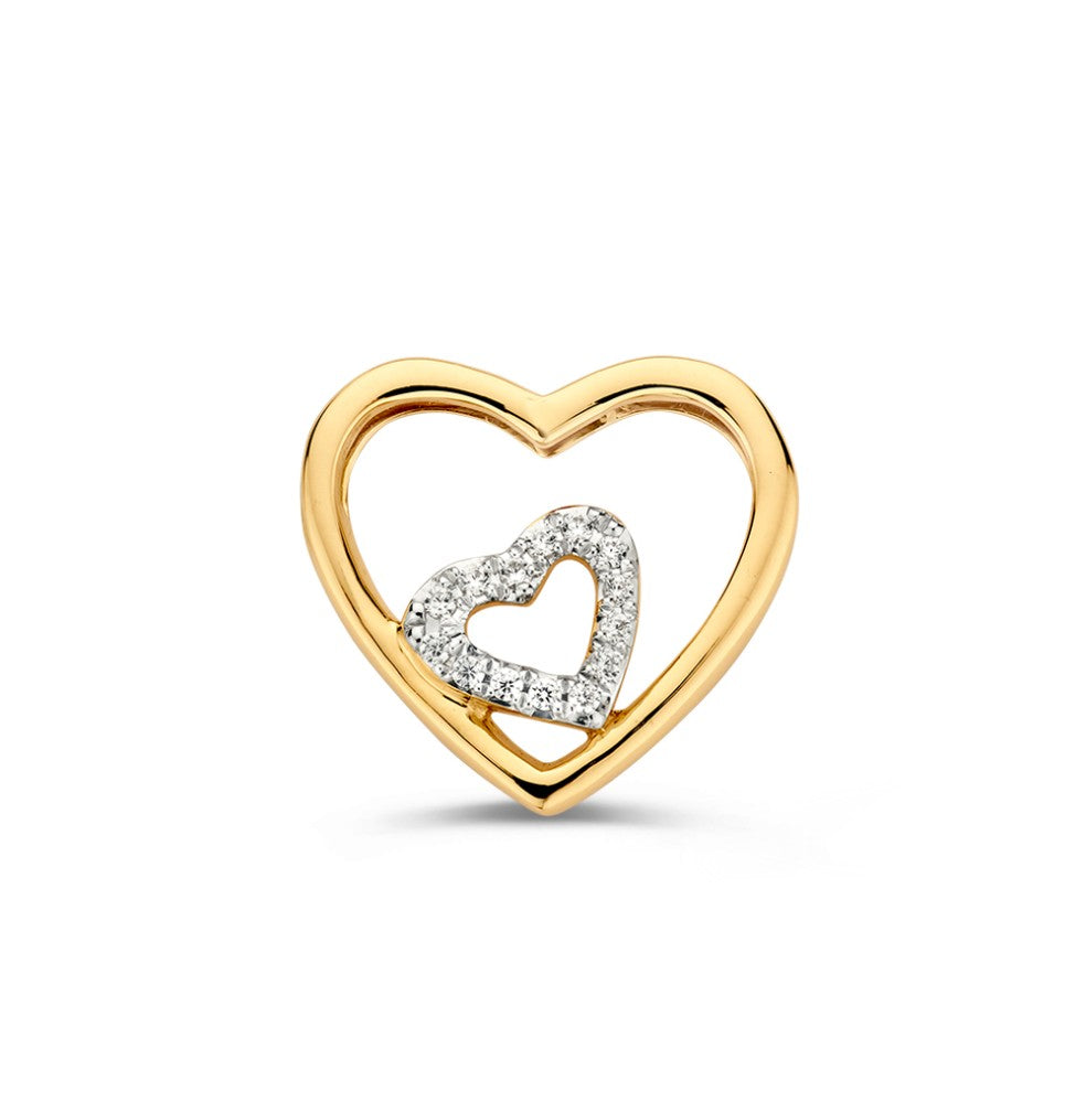 Geelgouden hanger in de vorm van een hart met verweven hartjes en zirkonia's.