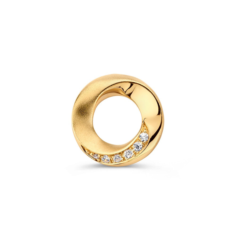 Geelgouden hanger met gedraaide band en een rij zirkonia's, 14 mm in diameter.