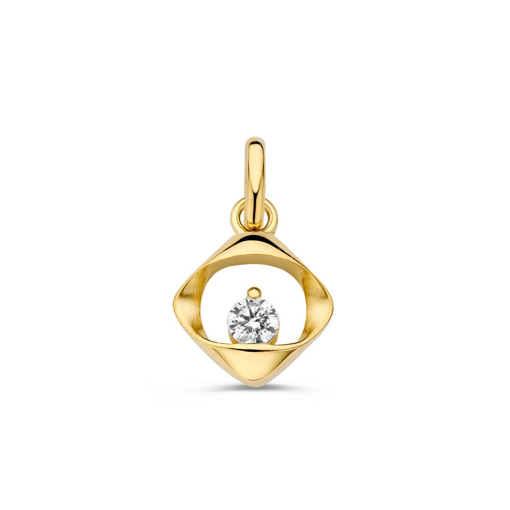Geelgouden hanger met een opengewerkt ontwerp en een heldere zirkonia in het midden.