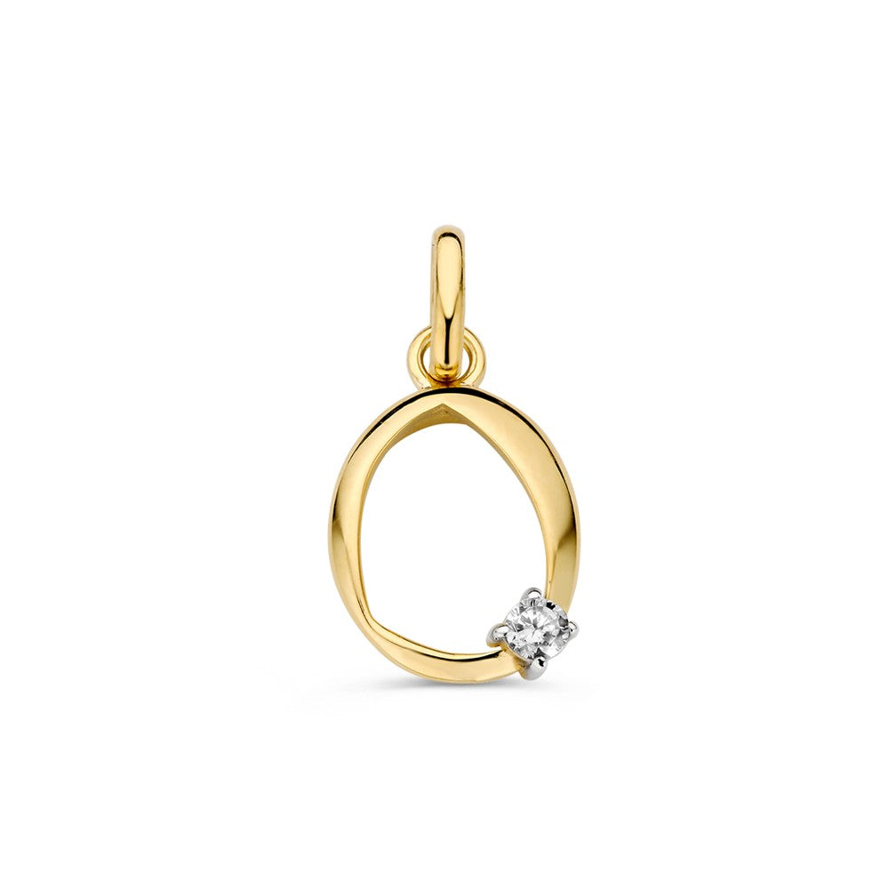 Geelgouden hanger in ovale vorm met een zirkonia-steentje aan de zijkant.