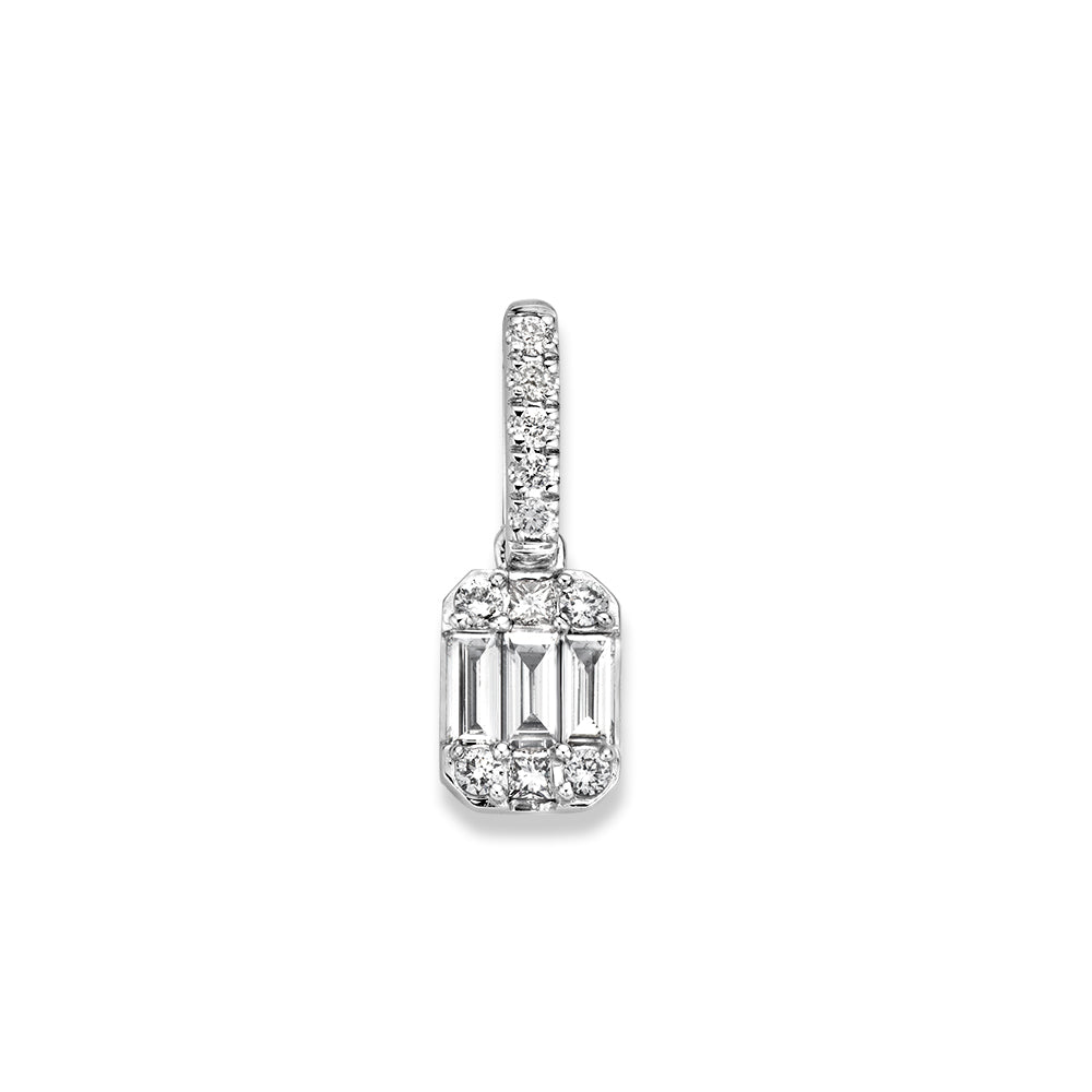 Witgouden hanger met baguette en briljant geslepen diamanten, 14 karaat, 0,32 crt, met een glanzende afwerking.