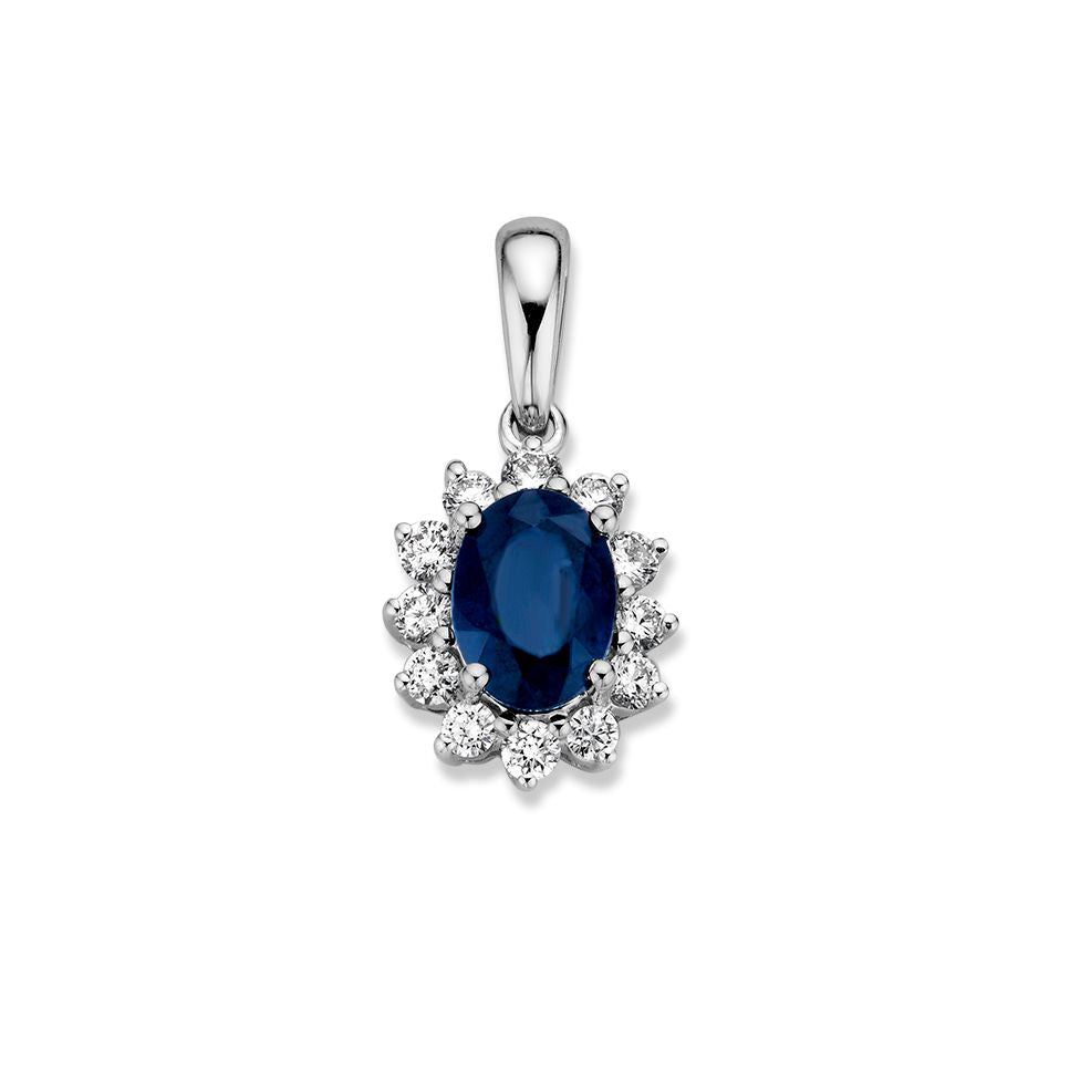 Witgouden hanger met een ovale blauwe saffier omringd door kleine diamanten.