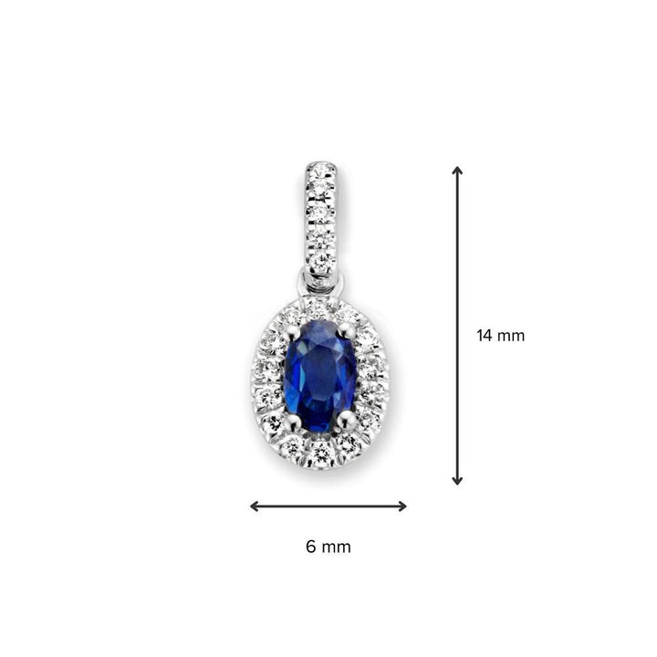 Klassieke witgouden entourage hanger met blauwe saffier en 0.10 crt diamant – 14 karaat, 0.7 gram