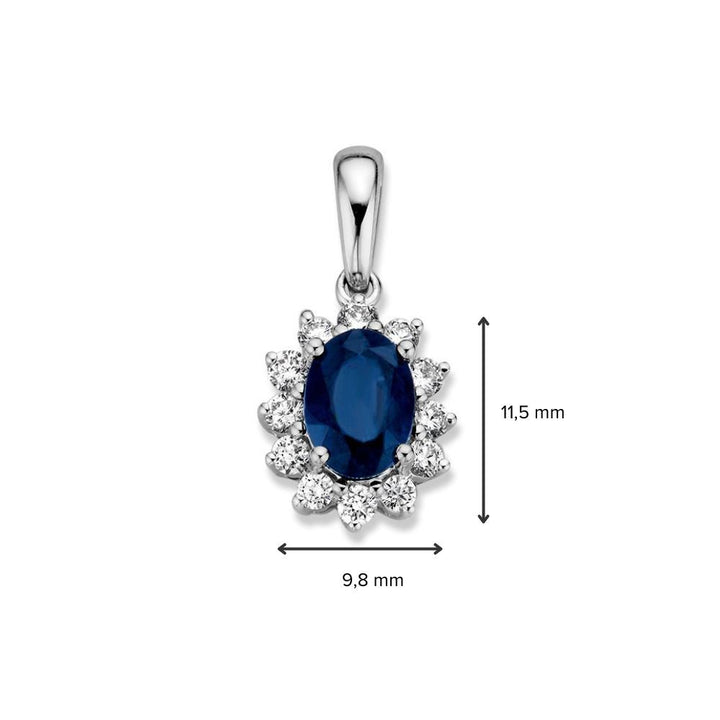 Witgouden hanger met blauwe saffier (1.00 crt) en 0.27 crt diamant – 14 karaat, 1,3 gram