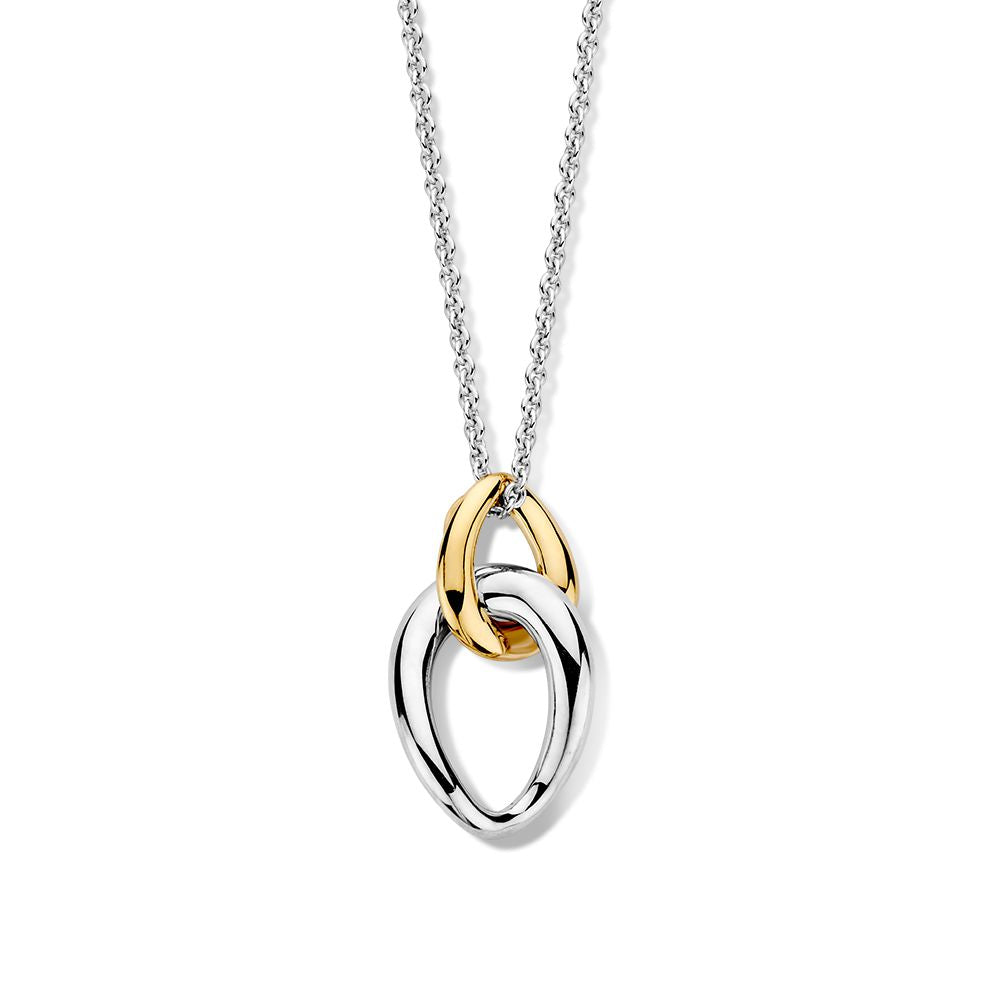 De Excellent Jewelry Zilver met 14kt gouden schakelhanger (1,3g, 31mm) hangt aan een soepel zilveren ankercollier. Deze moderne en elegante dameshanger is perfect voor liefhebbers van een minimalistisch design.