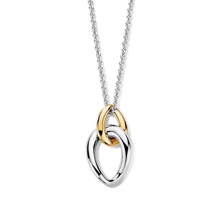 De Excellent Jewelry Zilver met 14kt gouden schakelhanger (1,3g, 31mm) hangt aan een soepel zilveren ankercollier. Deze moderne en elegante dameshanger is perfect voor liefhebbers van een minimalistisch design.