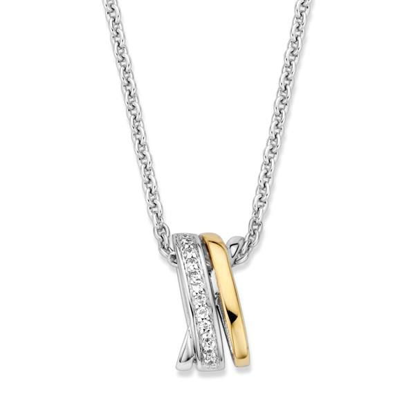 Zilveren en gouden hanger met witte zirkonia, bestaande uit drie overlappende ringen.