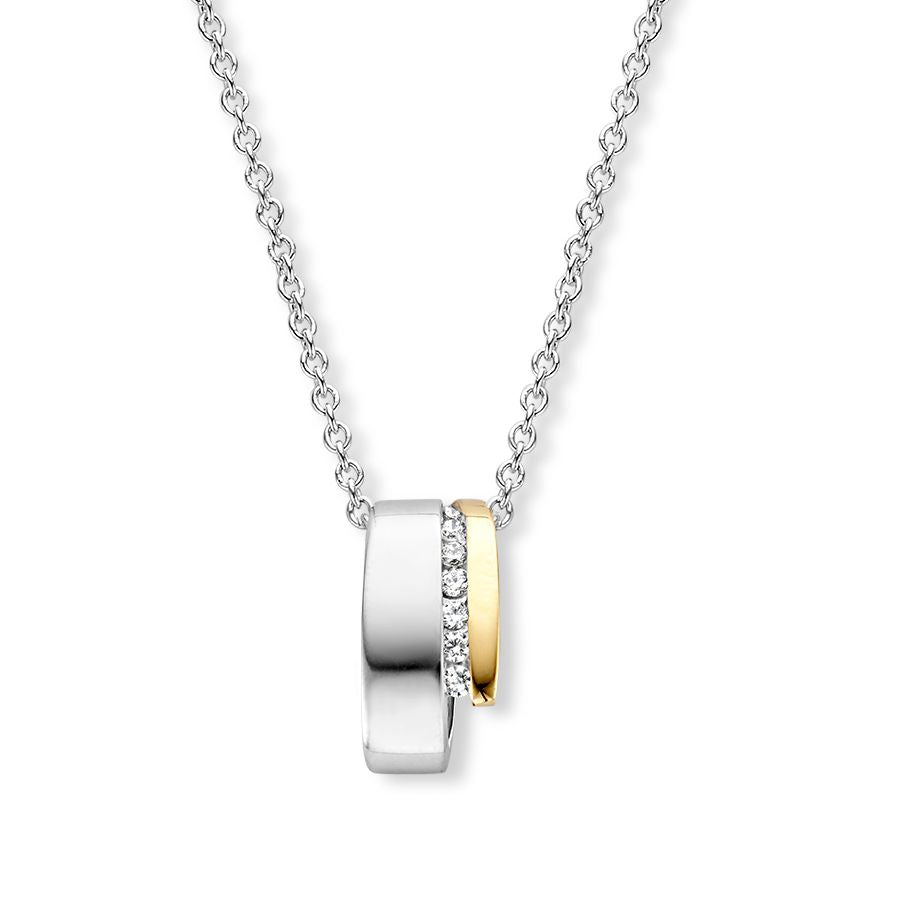 Zilveren en gouden hanger met een witte zirkonia, 18 mm, aan een zilveren ketting.