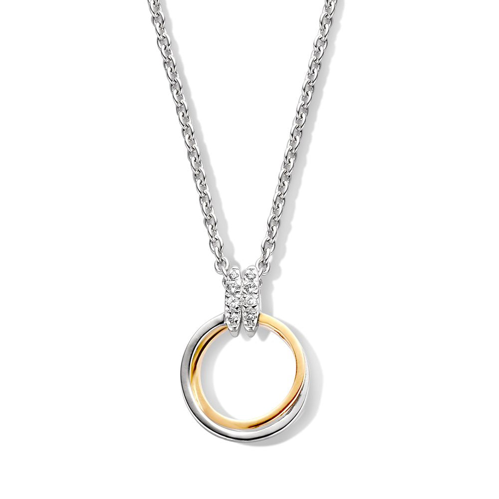 Zilveren hanger met een gouden ring en witte zirkonia, aan een zilveren ketting.