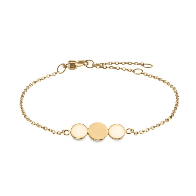 Gouden armband van titanium met drie ronde, gladde schijven en een fijne schakelketting.