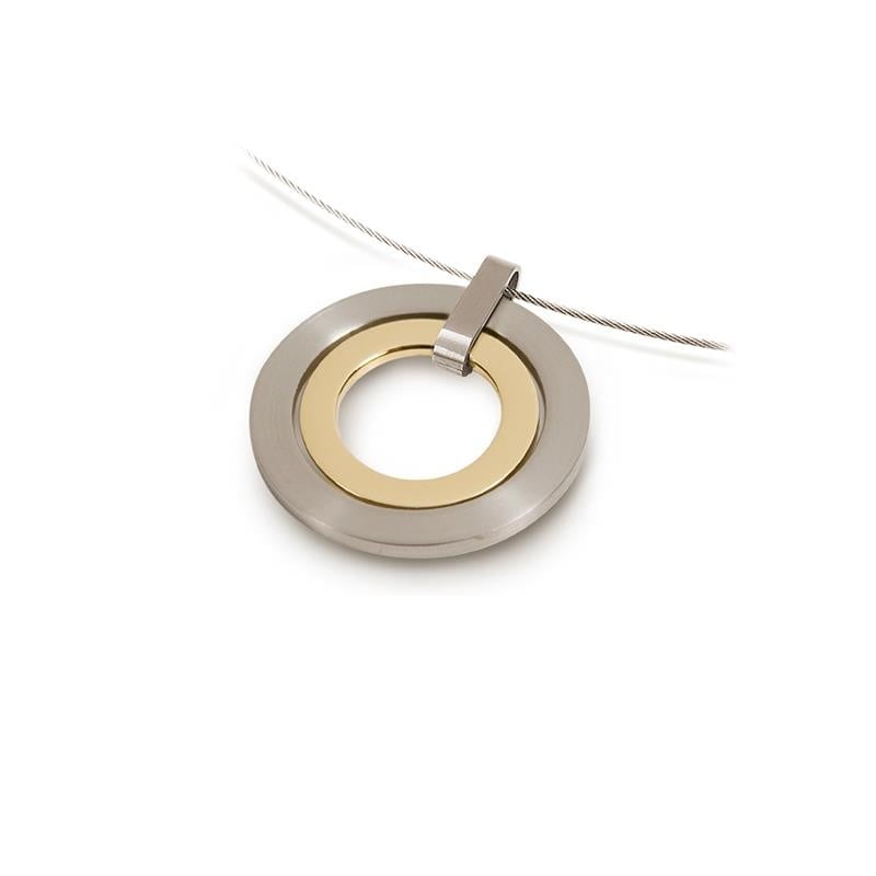 De Boccia Titanium Hanger Bicolor 0741-02 halsketting heeft een ronde hanger met een gouden binnenring en een breder zilverkleurig buitenframe, hangend aan een dun zilverkleurig draadje.